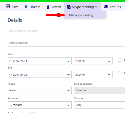 set up skype meeting in outlook online office 365